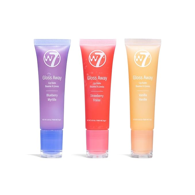 W7 Gloss Away Lip Balm Trio - 3 Piece Set - Nourishing Lips Balms With Shea Butter - Blueberry, Vanilla, Strawberry-Velvo Beauty