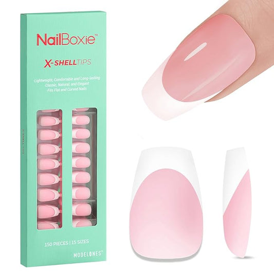 modelones French Tip Press on Nails, 150Pcs Short Coffin Fake Nails with Nail Box, Pink & White Gel Nail Tips for Women, Soft Glue-On Nails for Natural Salon Look, DIY Nail Art Kit (15 Sizes)-Velvo Beauty