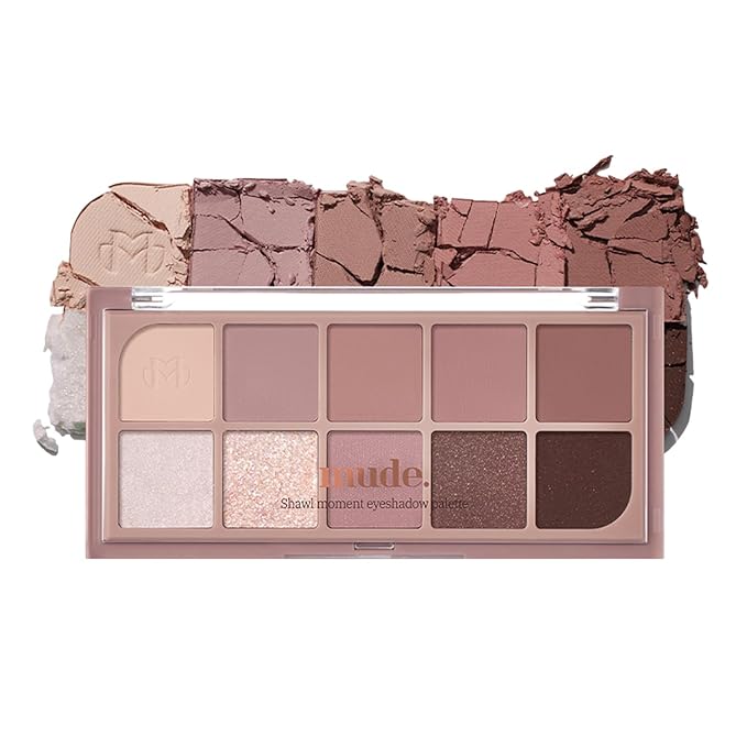 mude Shawl Moment Eyeshadow Palette Matte Shimmering Glitter Layering 10 Shades Highly Pigmented Blendable Color with Soft Texture Korean Makeup Eye Palette K-beauty-Velvo Beauty