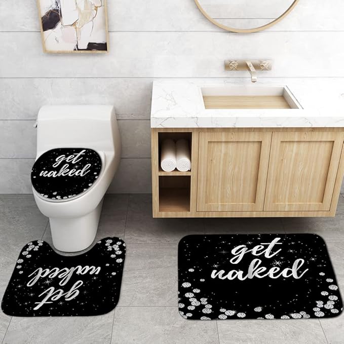 4PCS Luxury Diamond Shower Curtain Set, Bling Rhinestone Gem Crystal Jewelry Shining Starry Sky Galaxy Bathroom Decor, Waterproof Fabric Black Shower Curtain, Get Naked Bath Mat Toilet Rug-Velvo Beauty