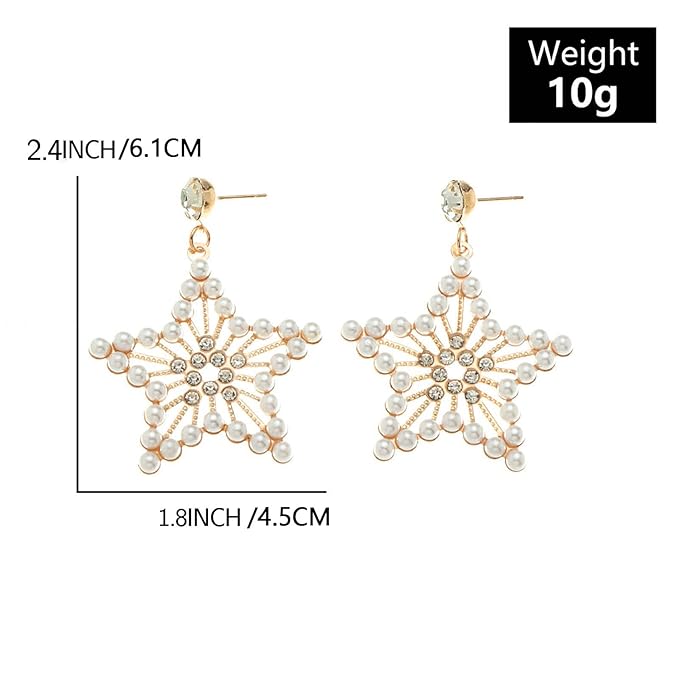 Vintage Pearl Star Drop Earrings Crystal Star Dangle Earrings Gold Rhinestone Stud Earrings Bohemian Large Star Statement Earrings Jewelry for Women and Girls Gifts-Velvo Beauty