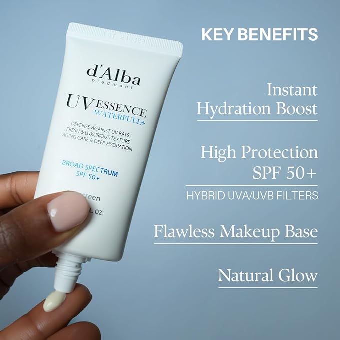 d'alba Piedmont Italian White Truffle Waterfull Essence Sunscreen, Vegan Skincare, Lightweight Sunscreen with BROAD SPECTRUM SPF 50+, Glowy, Safe for all Skin Types, Korean Skin Care (1.69 fl. oz)-Velvo Beauty