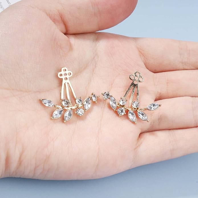 Boho Crystal Leaf Ear Jackets Earrings Gold Cz Crystal Earrings Rhinestone Front Back Studs Earrings Minimalist Earrings Jewelry for Women and Girls Gifts-Velvo Beauty