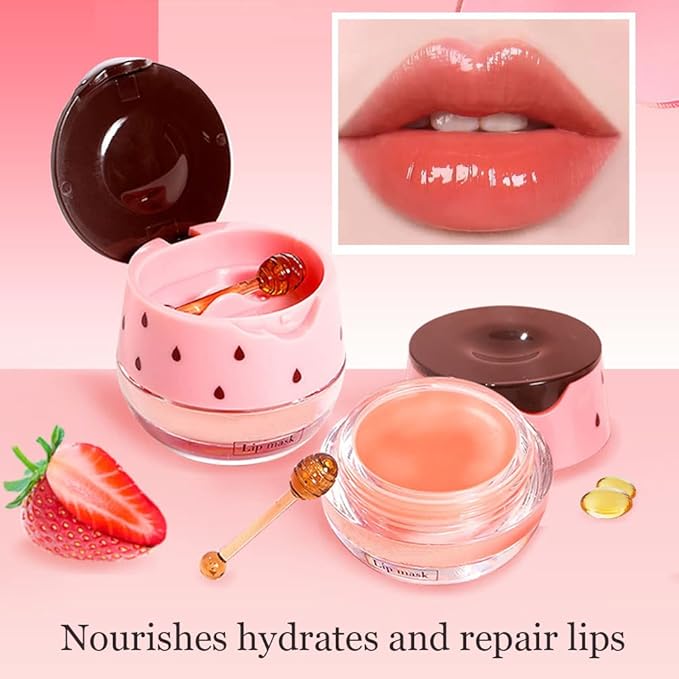Bee Lip Balm Honey Pot, 2 PCS Strawberry & Honey Hydrating Prevention Dry and Cracked Lip Scrubs Exfoliator, Propolis Moisturizing Lip Sleep Mask Reduces Lip Lines, Lip Exfoliating Honey Bee Lip Mask-Velvo Beauty