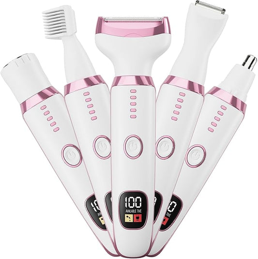 RUIM Bikini Trimmer for Women, 5 in 1 Electric Razors for Shaving, Waterproof Rechargeable Pubic Hair Trimmer with LED Display, Pink-Velvo Beauty