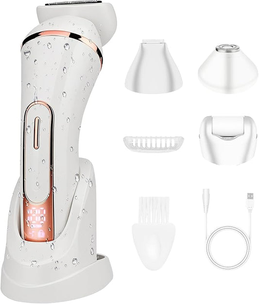 Electric Shavers for Women, 4 in 1 Hair Removal Kit with Epilator Bikini Trimmer Face Razor Body Brush Face Massager Foot Callus Remover, IPX7 Waterproof Lady Razors Set for Legs Armpit Bikini Pubic-Velvo Beauty