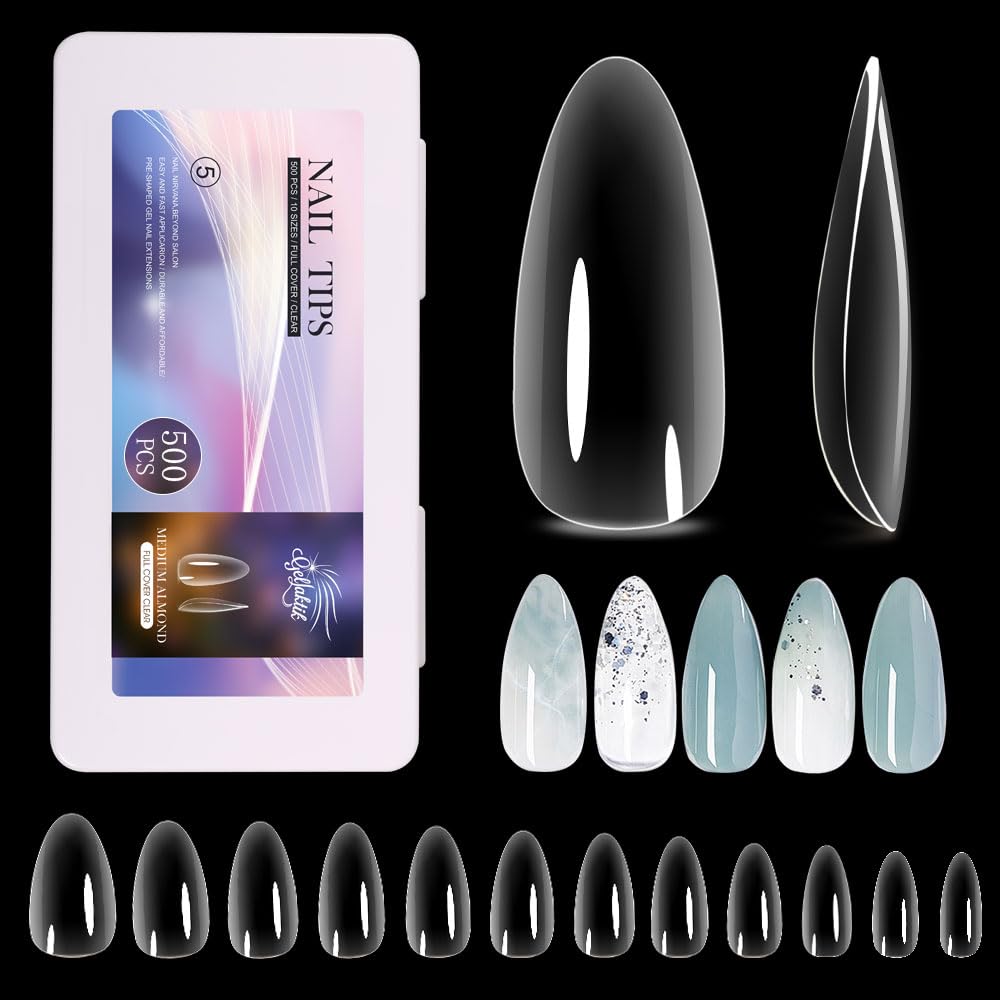 Medium Almond Nail Tips 500PCS, Clear Acrylic Full Cover Gel Press on Nail Tips for DIY, 10 Sizes Pre-Shaped False Nails with Glossy Finish, Professional Manicure Kit & Easy Application-Velvo Beauty
