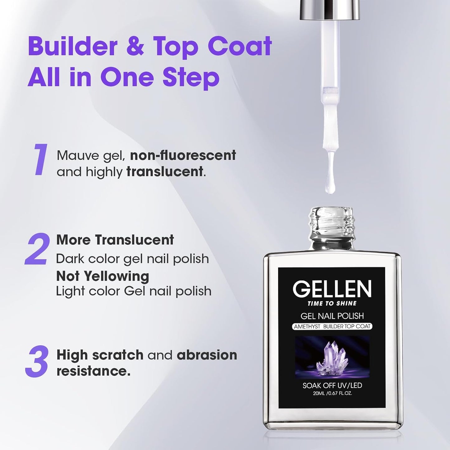 GELLEN 4 in 1 Builder Nail Gel & Gel Top Coat in a Bottle, 20ml Amethyst Builder Top Coat for Apex Building, 3D Nail Arts and Chrome Nails-Velvo Beauty