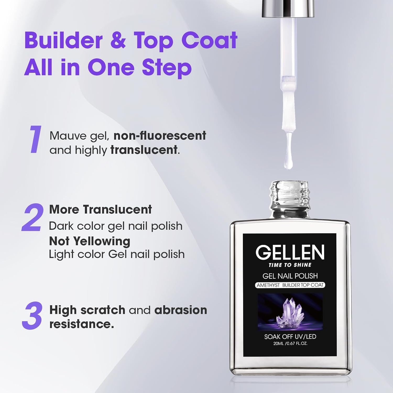 GELLEN 4 in 1 Builder Nail Gel & Gel Top Coat in a Bottle, 20ml Amethyst Builder Top Coat for Apex Building, 3D Nail Arts and Chrome Nails-Velvo Beauty