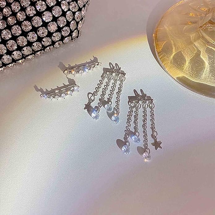 Boho Star Ear Jacket Earrings Gold Cz Star Ear Climber Earrings Crystal Chain Tassel Earrings Crystal Ear Crawler Long Chain Earrings Jewelry for Women and Girls Gifts-Velvo Beauty