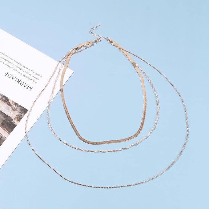 Punk Layered Chain Necklace Gold Flat Snake Chain Necklace Choker Vintage Herringbone Necklace Stacking Chunky Necklace Chain Jewelry for Women and Girls Gift-Velvo Beauty