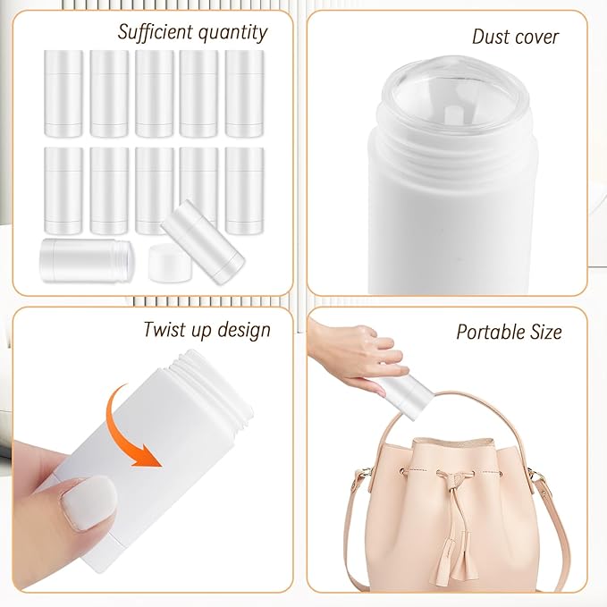 12 Pieces 15g White Plastic Deodorant Containers,Empty 1/2 oz Travel Lip Balm Tubes,Refillable Twist-UP Solid Perfume Tubes,Lipstick Tubes for DIY-Velvo Beauty