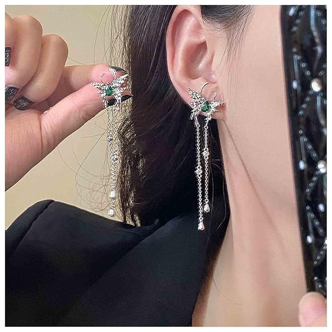 Vintage Emerald Butterfly Earrings Silver Chain Tassel Drop Earrings Butterfly Emerald Stud Earings Long Cz Chain Earrings Jewelry for Women and Girls-Velvo Beauty