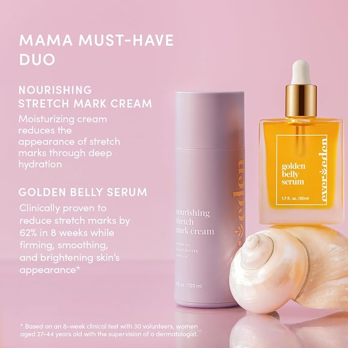 Evereden Mama Must-Have DUO - Golden Belly Stretch Mark Oil & Nourishing Stretch Mark Cream - Dermatologist-Developed Clean & Vegan Maternity Skin Care for Stretch Mark Reduction & Skin Hydration-Velvo Beauty