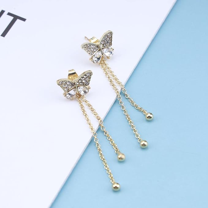 Vintage Crystal Butterfly Stud Earrings Gold Long Chain Earrings Thin Drop Chain Earrings Cz Paved Butterfly Earrings Retro Hanging Chain Earrings Jewelry for Women and Girls-Velvo Beauty