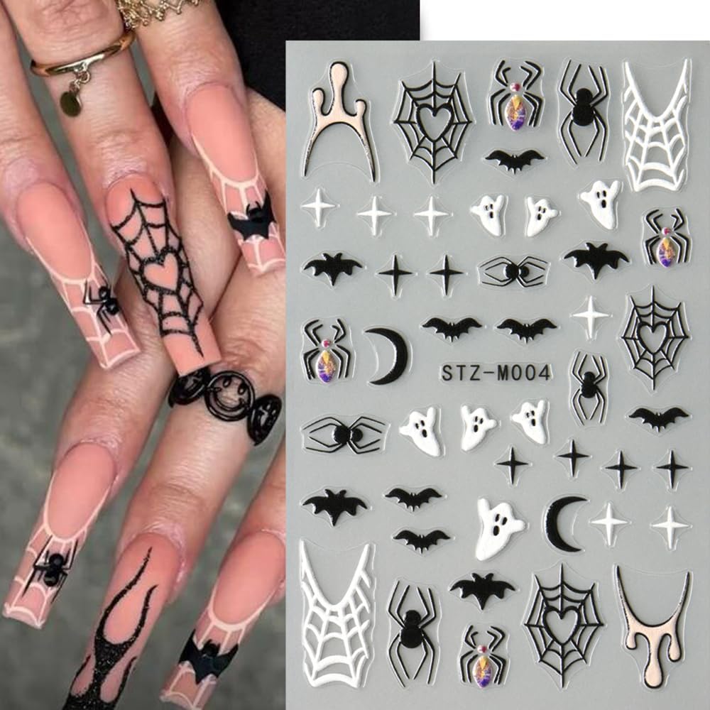 3 Sheet Halloween Nail Stickers Ghost Bat Spider Nail Decals 3D Self-Adhesive Spider Web Spooky Bat Spider Nail Art Stickers Design Gothic Nail Art Supplies for Holiday Acrylic DIY Nail Decoration-Velvo Beauty