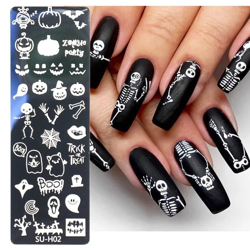 Halloween Nail Stamper Kit: 6 Pcs Stamp Template Plates with 1 Stamper, 1 Scraper - Horror, Ghost, Pumpkin, Skull, Bone Images - DIY Nail Art Set-Velvo Beauty