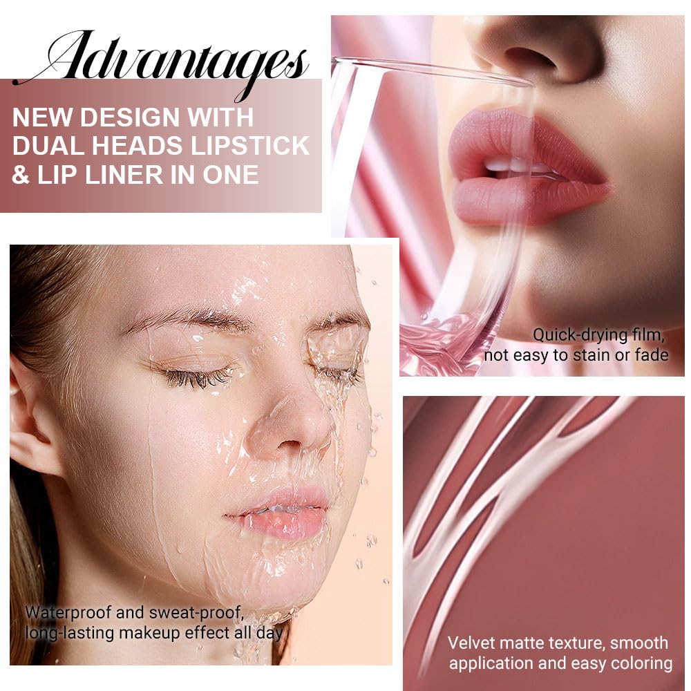 evpct 1Pcs Reddish Brown Matte Lip Liner and Liquid Lipstick Stain Makeup Set for Women, Cranberry Red Long Lasting Smudge Proof Lipstick labiales matte mate larga duracion listip 24 hours originales-Velvo Beauty