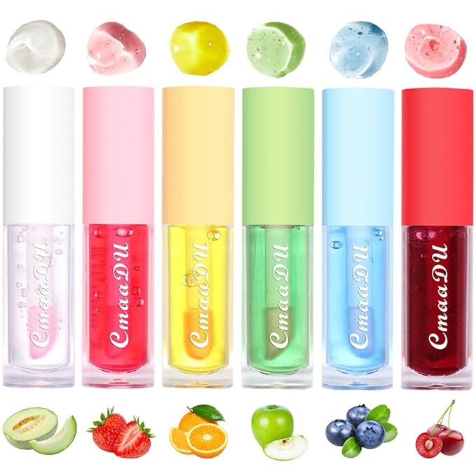 6Pcs Hydrating Lip Oil Set,Fruity Color Changing Lip Glaze Plumping Lip Glow Oil Transparent Moisturizing Tinted Lip Balm Long Lasting Nourishing Repairing for Dry Lip (A)-Velvo Beauty