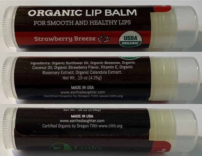 USDA Organic Lip Balm 4-Pack by Earth's Daughter - Strawberry Flavor, Beeswax, Coconut Oil, Vitamin E - Best Lip Repair Chapstick for Dry Cracked Lips.-Velvo Beauty
