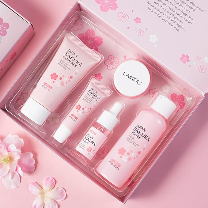Sakura Skincare Gift Set, Skin Care Travel Kit with Cleanser, Toner, Serum, Eye Cream, Face Cream for Women Girls (5pcs)-Velvo Beauty