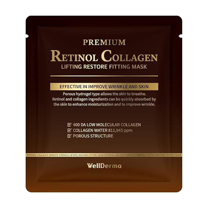 WELLDERMA Premium Retinol Collagen Restore Fitting Mask 4EA - Korean Collagen Face Mask for all around care, Wrinkles, Elasticity, Brightening, Deep Hydration, Face mask Skin Care-Velvo Beauty