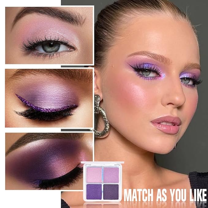 4 Colors Dark Purple Pink Eye Shadow Powder Palette Makeup, Neutral Matte Shimmer Cream Quads Eyeshadow Palette for Women Highly Pigmented Waterproof, paleta de sombras de ojos, Vegan, 05-Velvo Beauty
