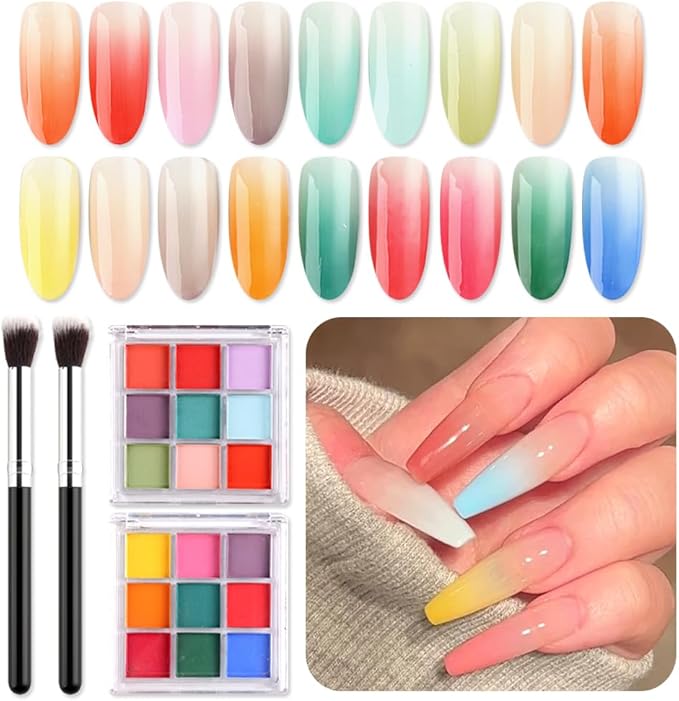 18 Colors Neon Phosphor Solid Pigment Powder Set for Ombre Nails, Fluorescent Nail Pigment Glitter Iridescent Rubbing Dust with Nail Ombre Brush for Gradient Nail Art Manicure DIY Accessories-Velvo Beauty