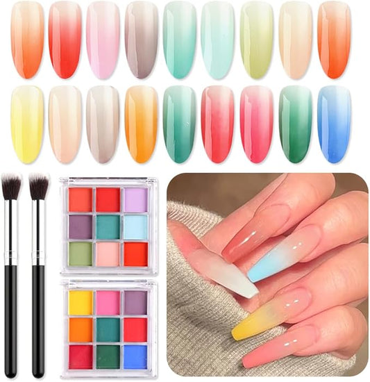 18 Colors Neon Phosphor Solid Pigment Powder Set for Ombre Nails, Fluorescent Nail Pigment Glitter Iridescent Rubbing Dust with Nail Ombre Brush for Gradient Nail Art Manicure DIY Accessories-Velvo Beauty