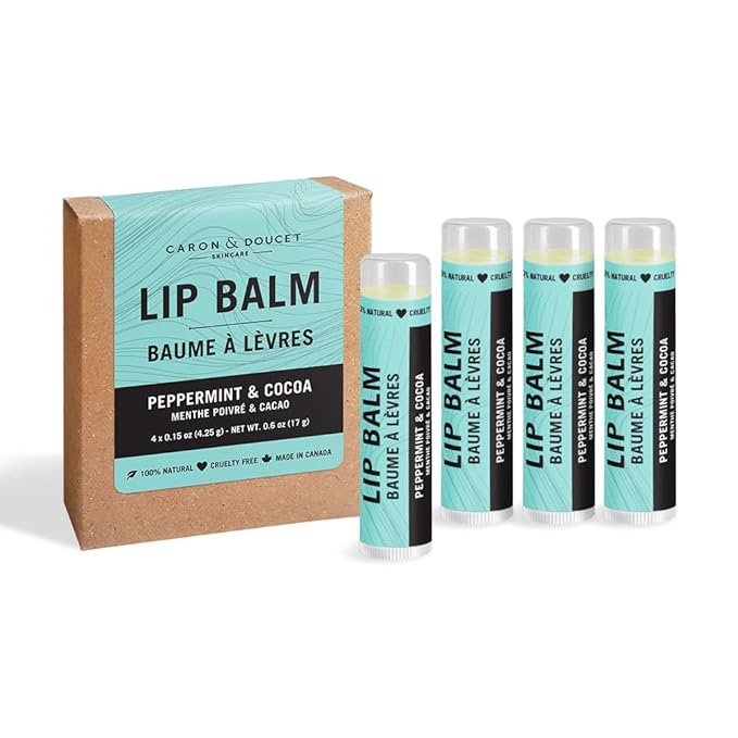 Caron & Doucet - 100% Natural Lip Balm - Premium Beeswax & Olive Oil Moisturizing Lip Balm - Best for Dry Chapped Lips. (Pack of 4, Peppermint & Cocoa)-Velvo Beauty