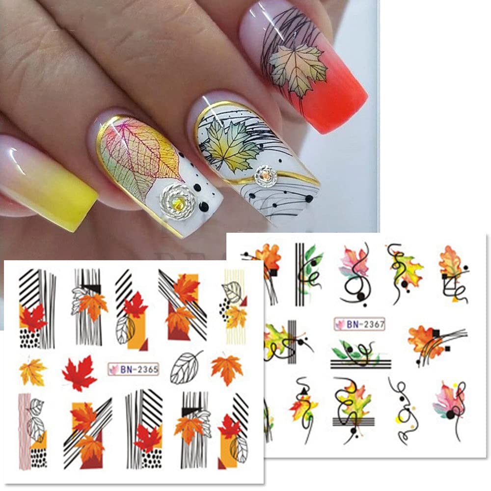 Maple Leaf Nail Art Stickers Fall Nails Water Transfer Slider Foils Autumn Nail Decorations, Harvest Pumpkin Pinecone Maple Leaves Pattern Acrylic Nail Sticker for Thanksgiving Nail Art Supplies 12Pcs-Velvo Beauty