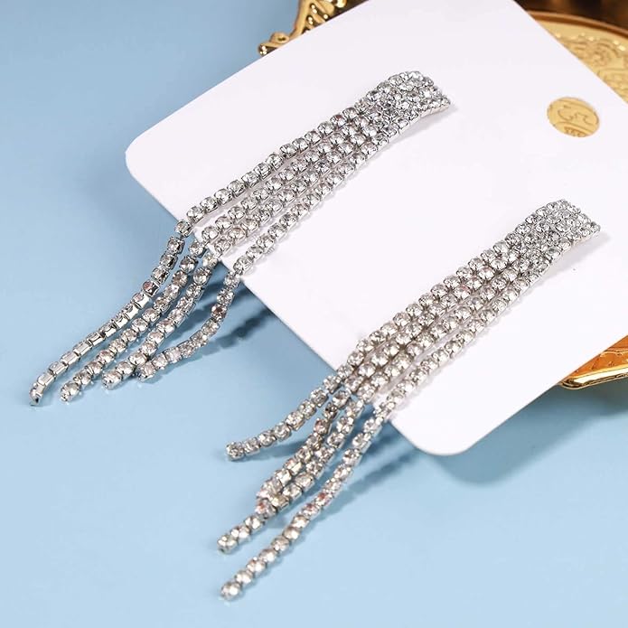 Boho Rhinestone Tassel Earrings Long Fringe Drop Dangle Earrings Silver Crystal Chain Tassel Earrings Vintage Chandelier Chain Studs Earrings Luxury Statement Earrings Jewelry for Women and Girls Gifts-Velvo Beauty