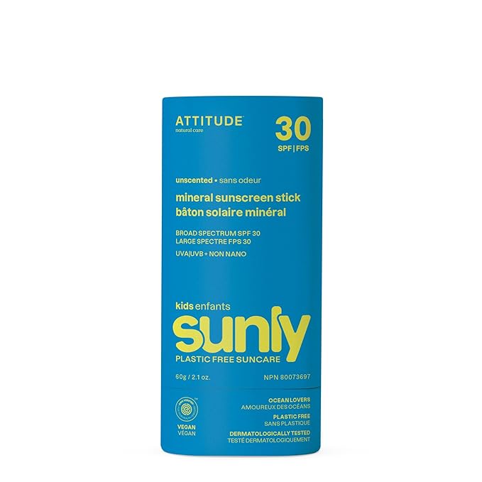 ATTITUDE Mineral Sunscreen Stick for Kids, SPF 30, EWG Verified, Plastic-Free, Broad Spectrum UVA/UVB Protection with Zinc Oxide, Dermatologically Tested, Vegan, Unscented, 2.1 Ounces-Velvo Beauty