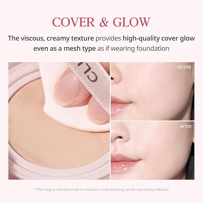 CLIO Kill Cover Mesh Glow Cushion Foundation ([Refill Included] 15g*2, 24W SAND), Glass Skin, Long-Lasting, Lightweight, Buildable Coverage, Glowy Skin Makeup-Velvo Beauty