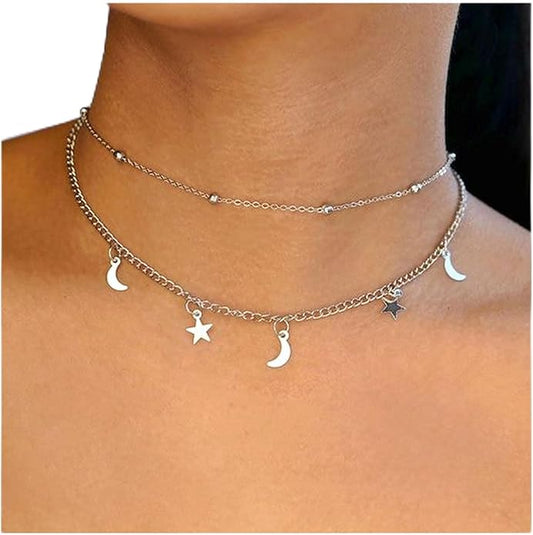 Boho Star Moon Necklace Choker Gold Layered Star Choker Necklace Crescent Moon Necklace Celestial Necklace Chain Festival Jewelry for Women and Girls-Velvo Beauty