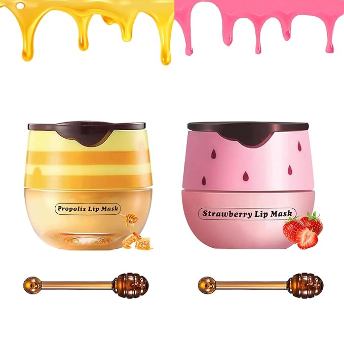 2 PCS Bee Lip Balm Honey Pot, Honey Strawberry Bee Lip Balm Sleeping Lip Mask Overnight with Sticks, Honey Pot Lip Balm Hydrating Exfoliating Prevention Dry and Crack Lip Scrubs-Velvo Beauty