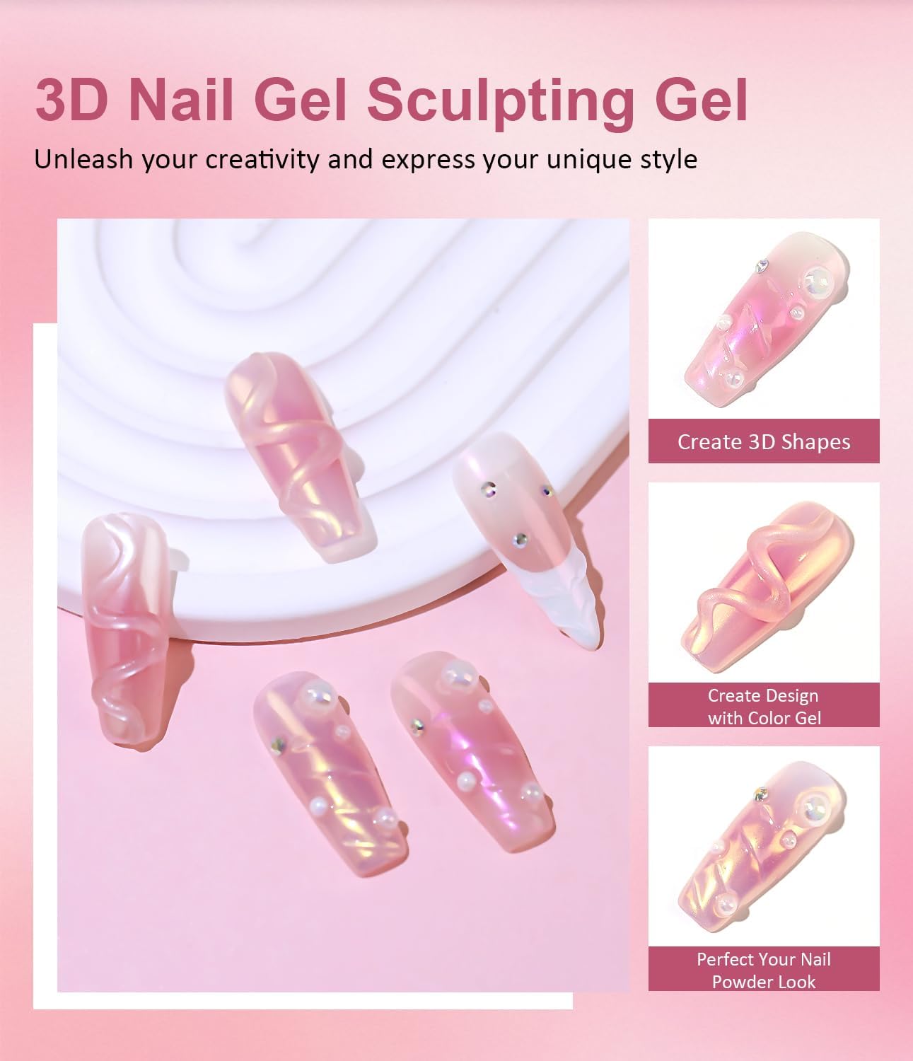 3D Nail Gel Art BISHENGYF - Rose Gold Chrome Nail Powder 15g 3D Nail Gel with Laser White Nail Powder Non-Sticky Clear 3D Sculpting for Art Home DIY-Velvo Beauty
