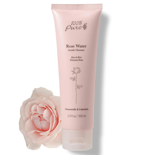 100% PURE Rose Water Gel Cleanser Deeply Moisturizing Hydrating Face Wash with Chamomile & Calendula to Soothe & Replenish Dry, Dehydrated Skin - Vegan - 3.4oz-Velvo Beauty
