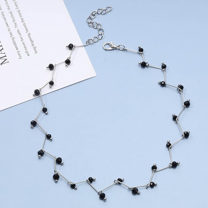 Black Crystal Choker Necklace Short Black Beaded Choker Necklace Silver Chain Necklace Minimalist Necklace Jewelry for Women and Girls-Velvo Beauty