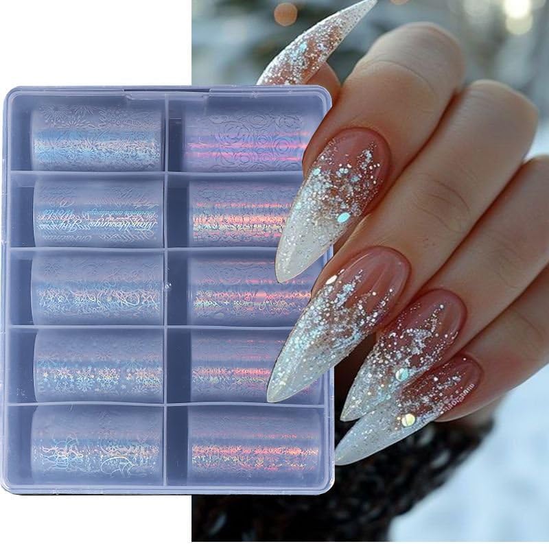 Christmas Nail Foil Transfer Stickers 10 Rolls Silver Snowflakes Skull Nails Stickers White Bunch Nail Foils 1 Box Colorful Starry Sky Paper Nail Decals Christmas Nails Art Sticker Nails Art Decals-Velvo Beauty