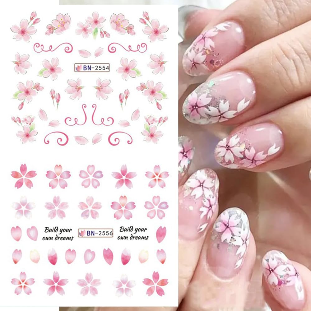 Cherry Blossom Nail Art Stickers - Pink Sakura Water Transfer Foils Decals, Spring Flower Supplies Wrap, Holographic Floral Pattern Acrylic Stickers for Women - 12 Sheets-Velvo Beauty