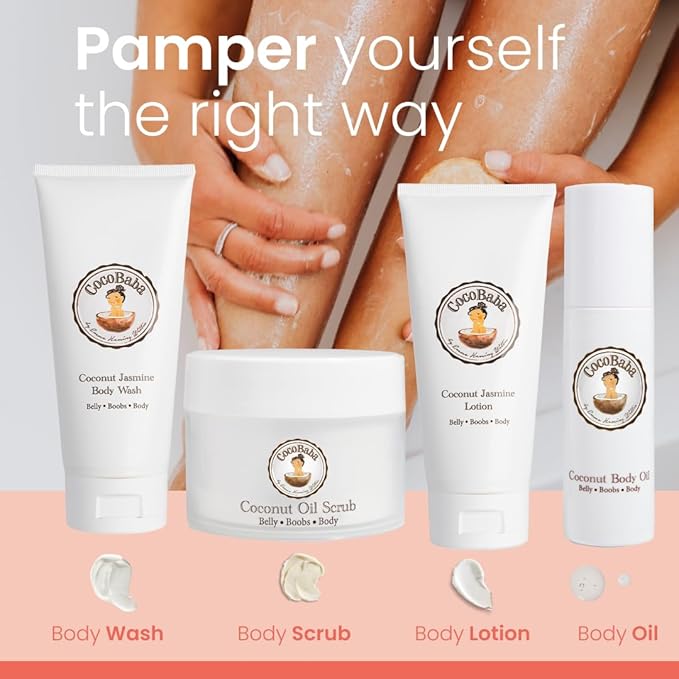 Cocobaba Stretch Mark Relief Set - Belly oil for pregnancy care package | Stretch Mark Cream for Pregnancy | Body wash | Body scrub | First time mom gift | Pregnancy Must have-Velvo Beauty