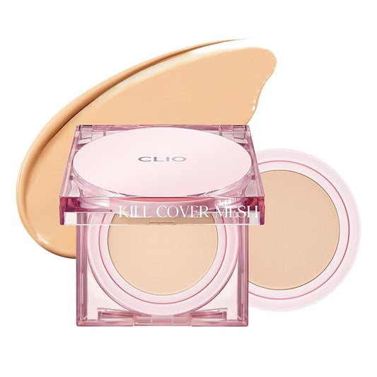 CLIO Kill Cover Mesh Glow Cushion Foundation ([Refill Included] 15g*2, 24W SAND), Glass Skin, Long-Lasting, Lightweight, Buildable Coverage, Glowy Skin Makeup-Velvo Beauty