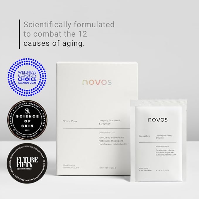 NOVOS Core Longevity Mix, Anti-Aging Supplement, Drink Powder Packet Unflavored - Skin Support, Energy, Mood Support, Sleep and Cognition Support - 30 Servings-Velvo Beauty
