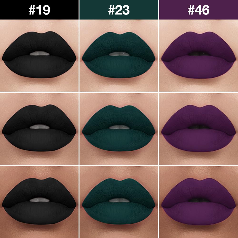 evpct 3Pcs Dark Black Green Purple Matte Lip Liner and Liquid Lipstick Lip Stain Sets for Women Long Lasting Waterproof, 24 Hours Goth Lipstick labiales matte mate larga duracion listip 24 hours, 19#-Velvo Beauty