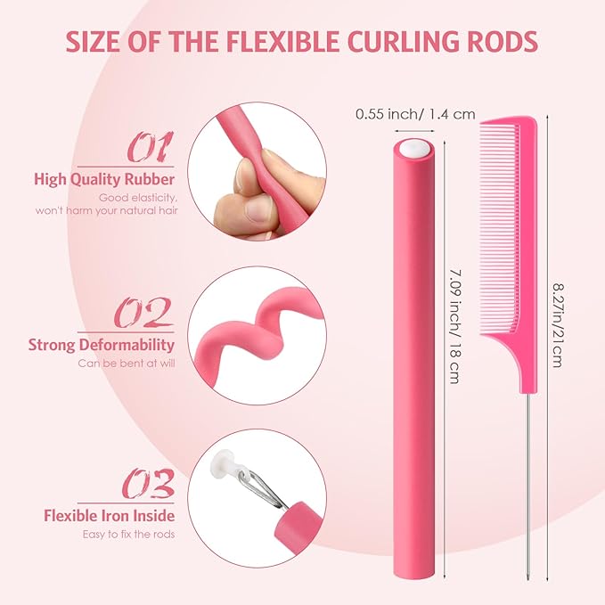 Syhood 30 Pcs 7'' Flexible Curling Rods Twist Foam Hair Rollers Soft Foam No Heat Hair Rods Rollers and 1 Steel Pintail Comb Rat Tail Comb for Women Long Short Hair(Pink,7 x 0.55 Inch)-Velvo Beauty