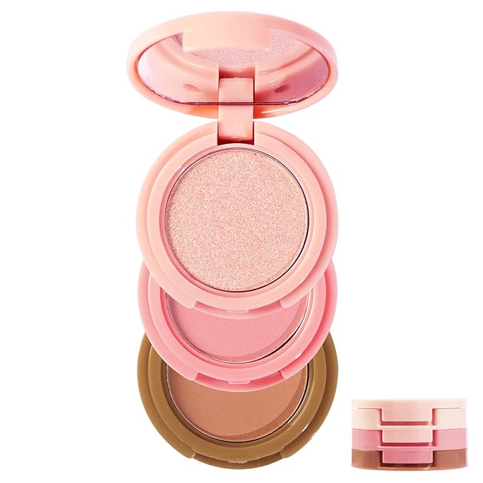 3-in-1 Blendable Trio, Contour and Highlight Blush Makeup Palette, Cream Bronzer, Silky Smooth Powder Blush, Shimmer Highlighter Makeup Powder, Pink Brown Eyeshadow Palette with Mirror(02)-Velvo Beauty