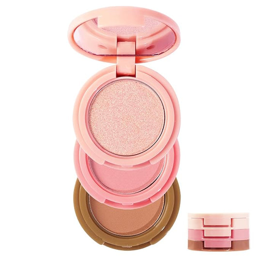 3-in-1 Blendable Trio, Contour and Highlight Blush Makeup Palette, Cream Bronzer, Silky Smooth Powder Blush, Shimmer Highlighter Makeup Powder, Pink Brown Eyeshadow Palette with Mirror(02)-Velvo Beauty