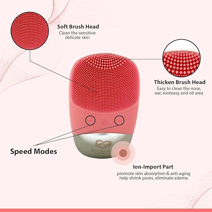 Facial Cleansing Brush | 3-in-1 Electric Face Scrubber | USB Rechargeable Face Cleansing Brush | IPX7 Waterproof | Blackhead Remover | Deep Cleansing & Exfoliating (Pink)-Velvo Beauty