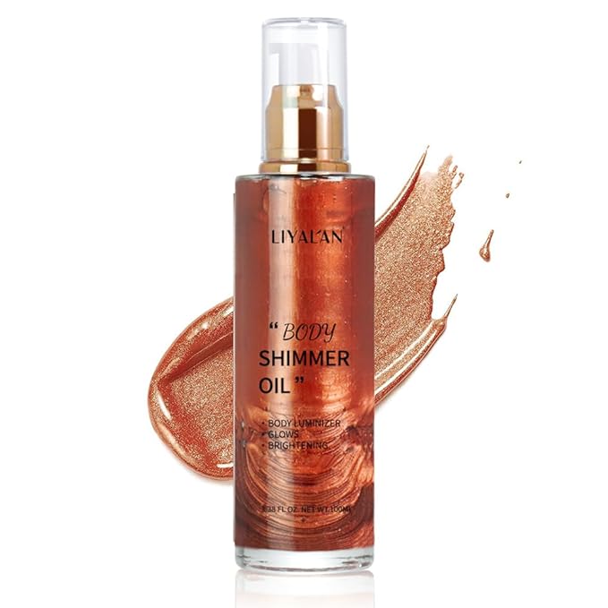 Liyalan Shimmer Body Oil Golden Brown 5 Color Bronze Face Glow Pearl Highlighter Illuminator Body Makeup Shine Glitter Gold Liquid Taning 3.38 Fl Oz-Velvo Beauty